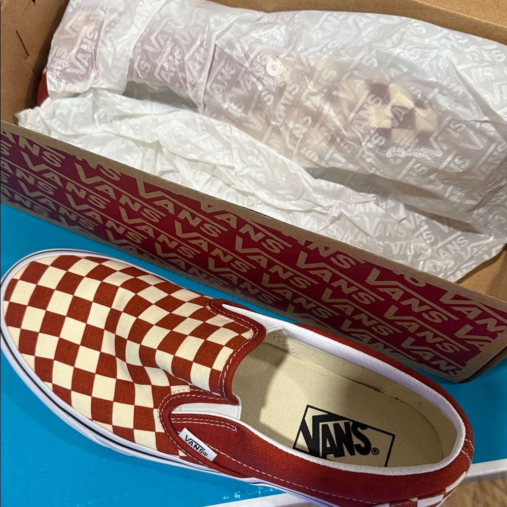 Vans Burgundy and Cream Checkerboard Slip-Ons
